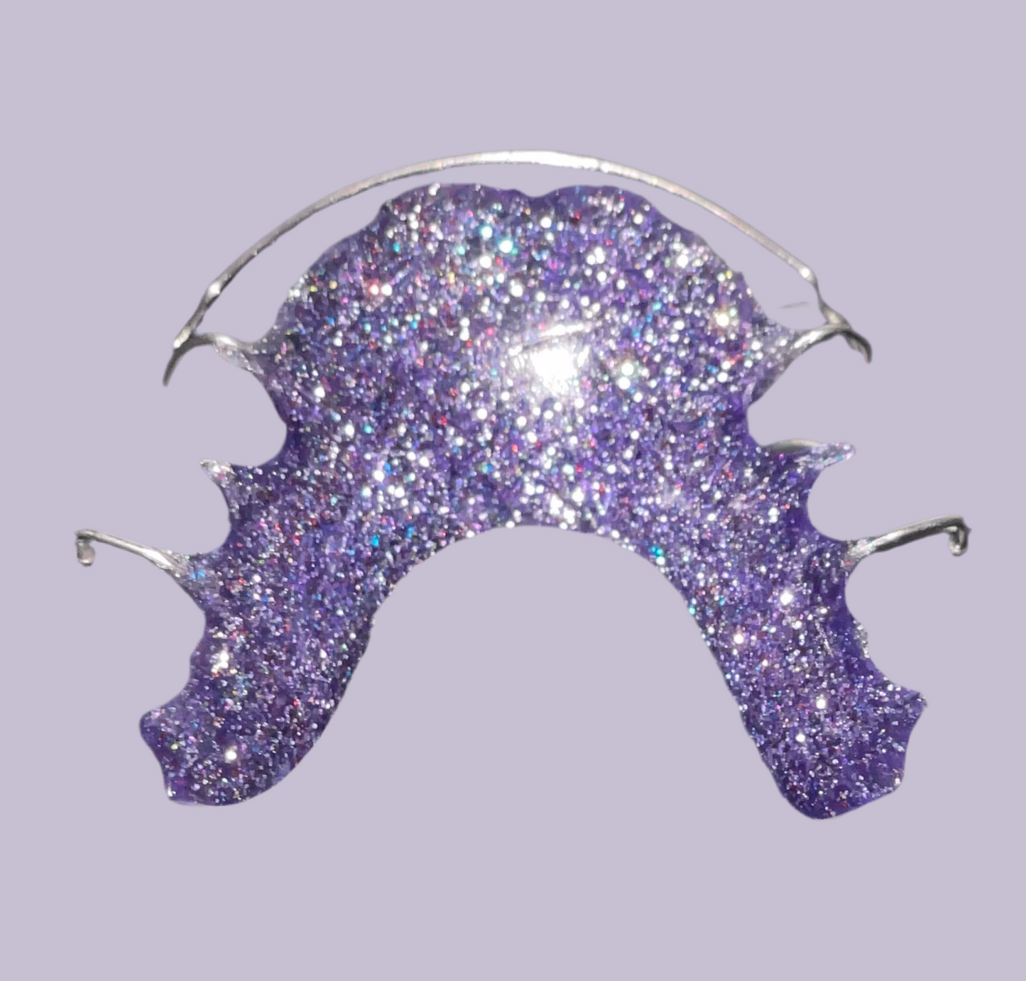 "Purple Glitter Hawley retainer with lab-quality finish"