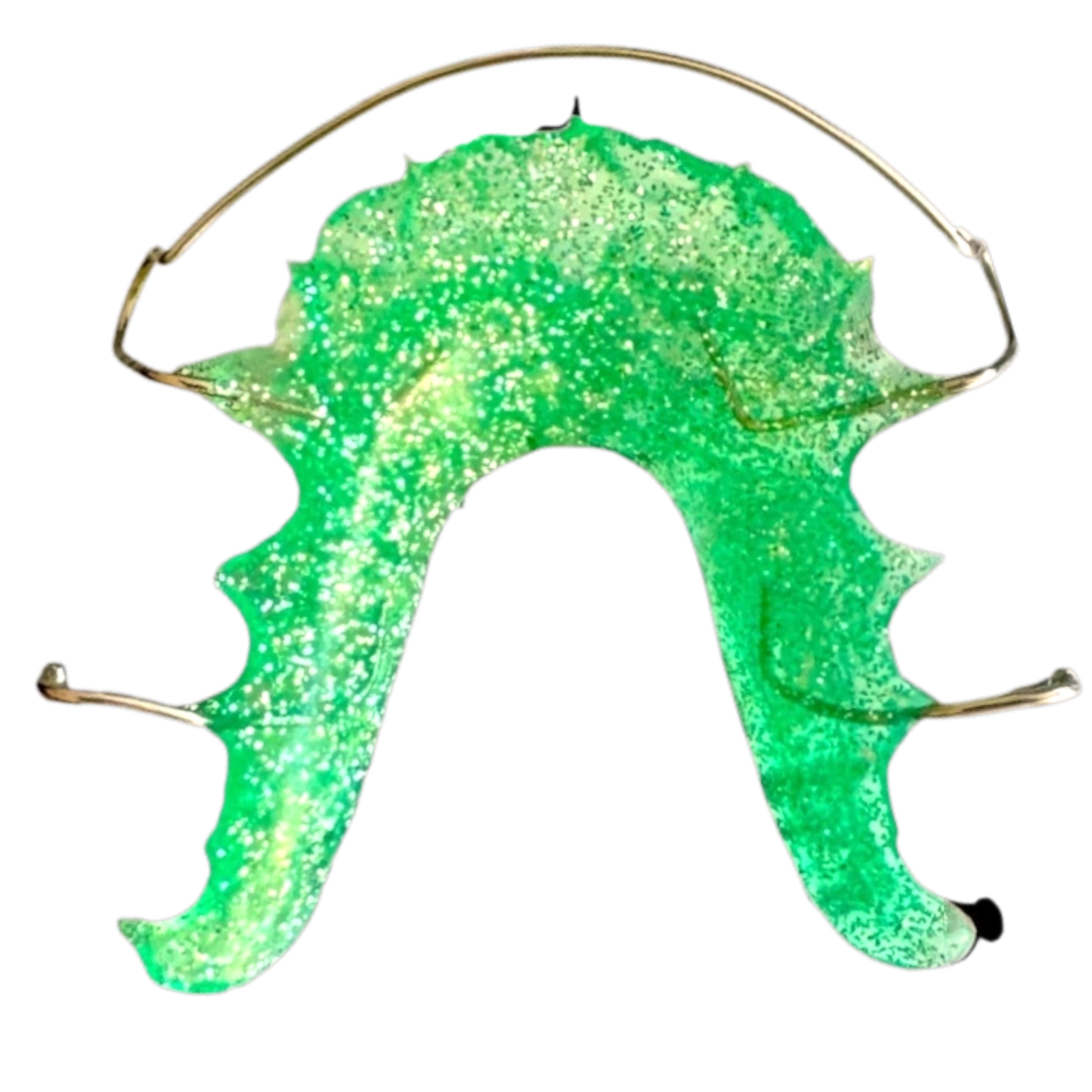 Green glittery retainer with gold arch bow on a white background