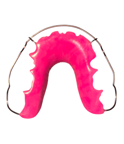 Pink mouthguard with metal frame on a white background