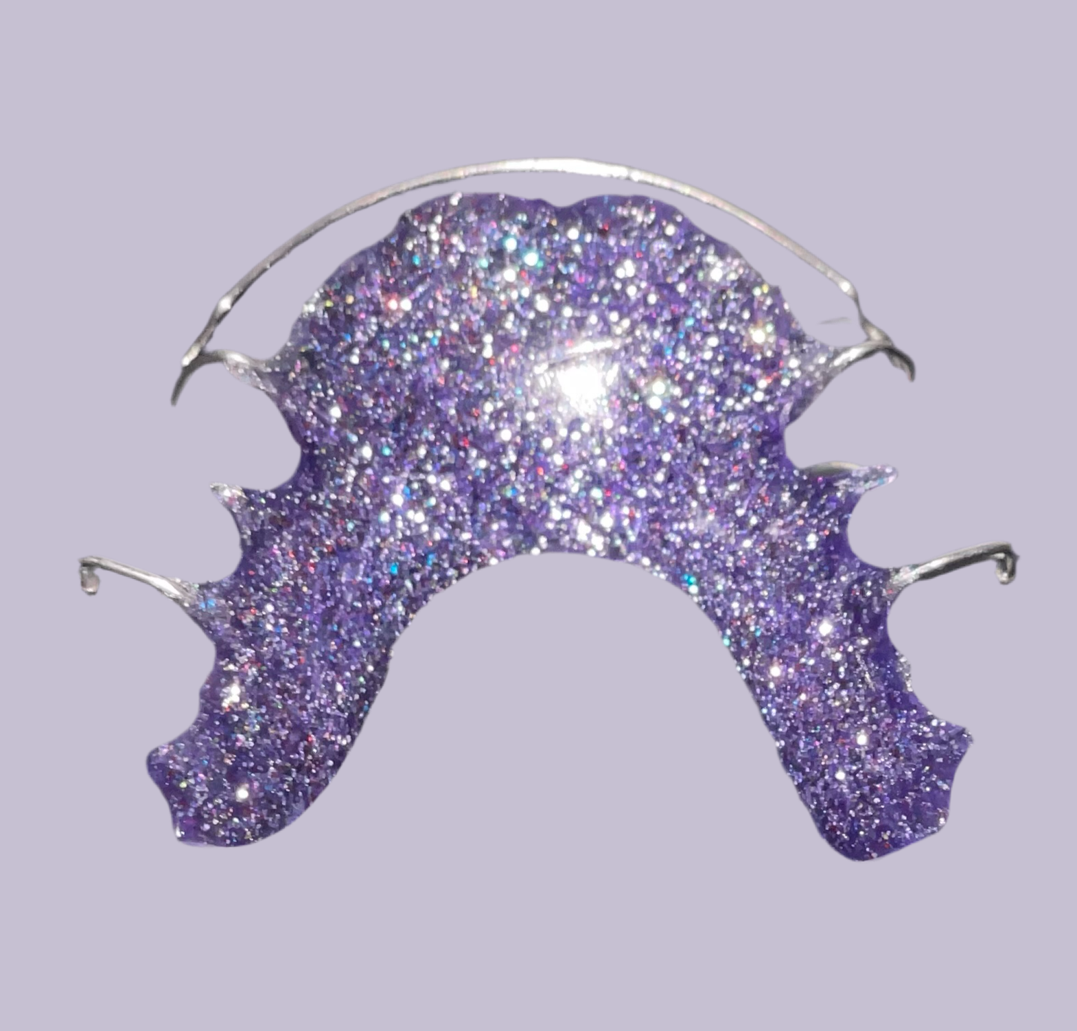 "Purple Glitter Hawley retainer with lab-quality finish"